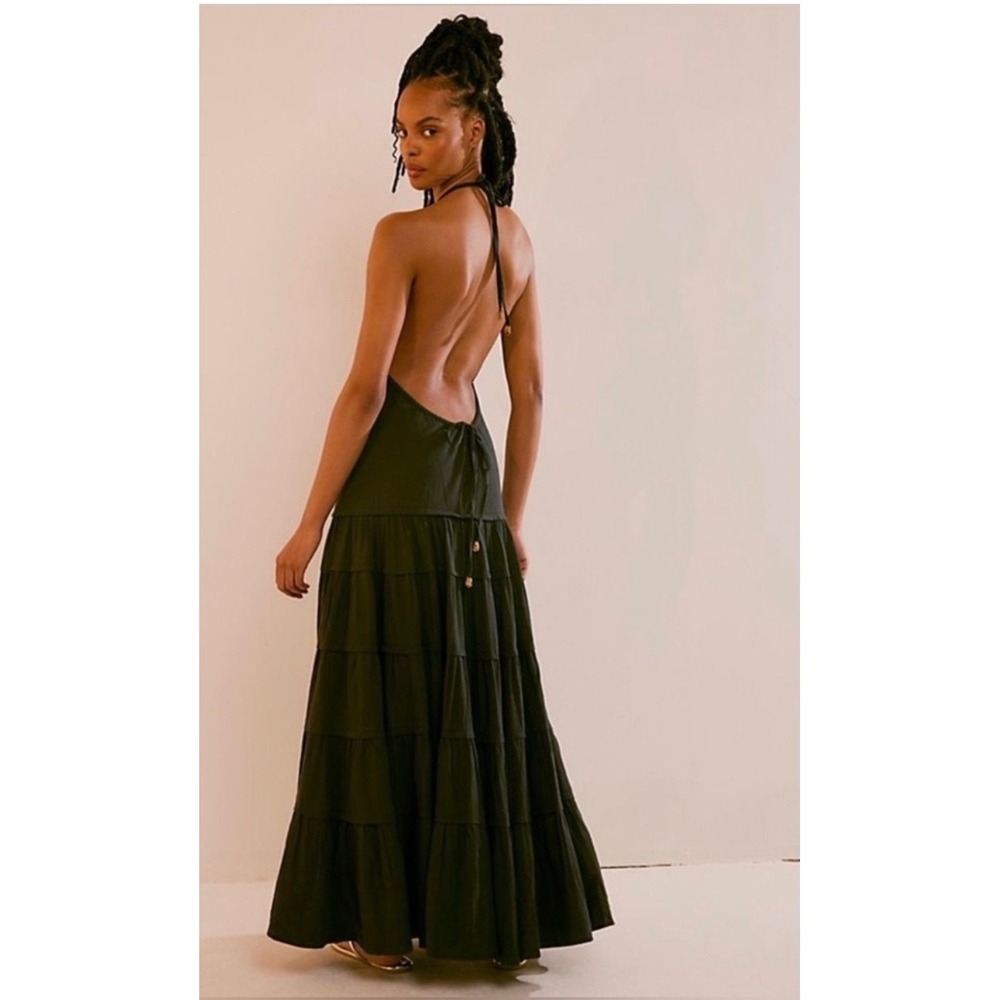 Free People Somewhere Sunny Drop Waist Maxi Dress Grey Tiered Backless FLAW L